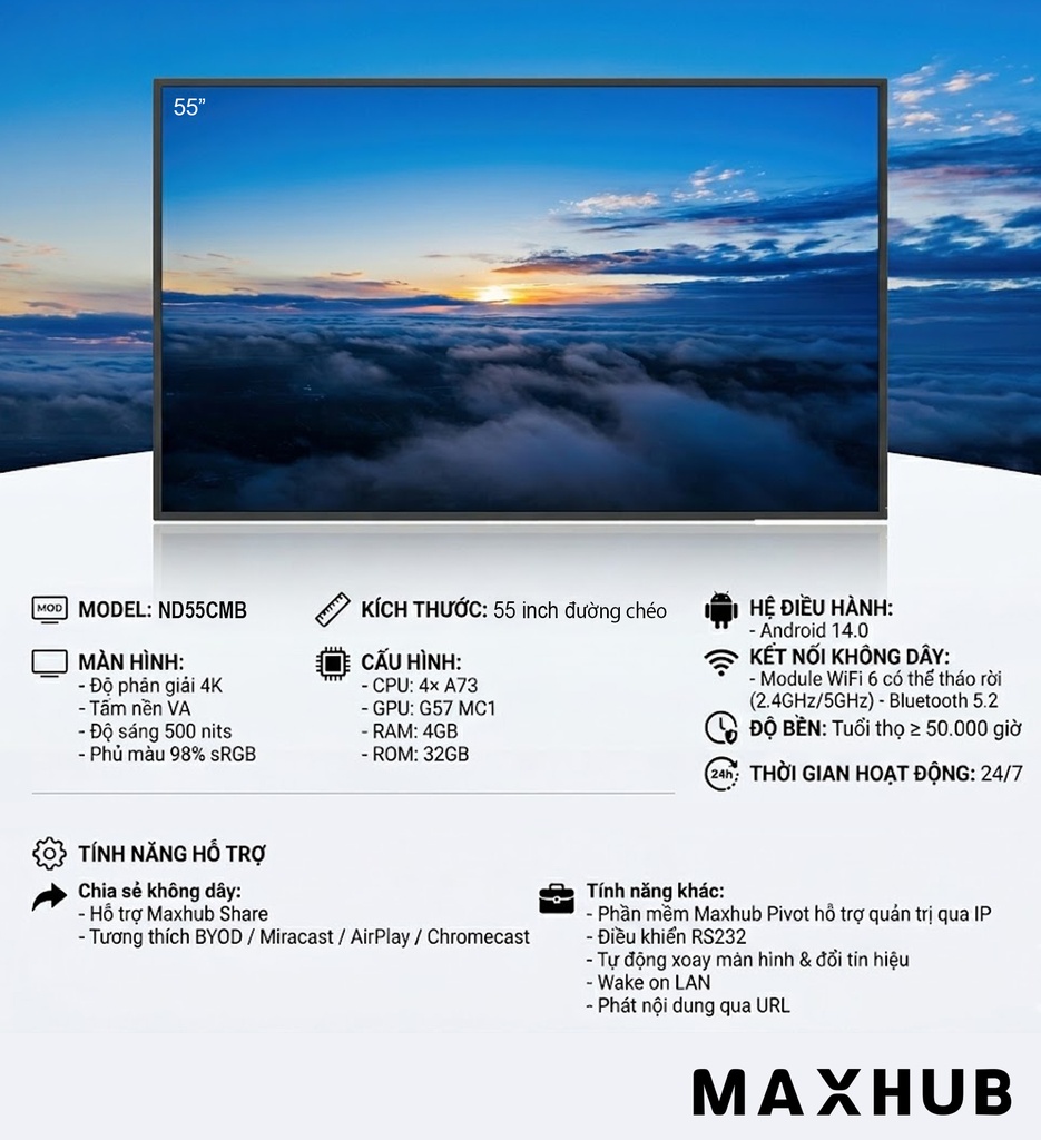 Màn hình chuyên hiển thị MAXHUB ND55CMB (55", 500 nits, 4K UltraHD) - Chính hãng